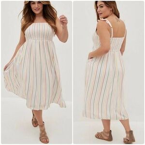 Torrid Challis Smocked Flowy Rainbow Stripe Lined Midi Dress Pockets Plus sz 4